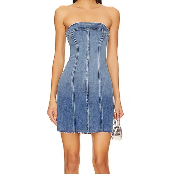 knee length dresses for ladies Striped Denim Tube Fit and Flare Mini Dress from Blue B exclusive at –  Urbanheer